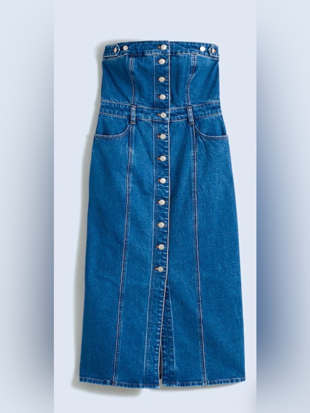 Madewell Blue Strapless Button-Front Denim Midi Dress